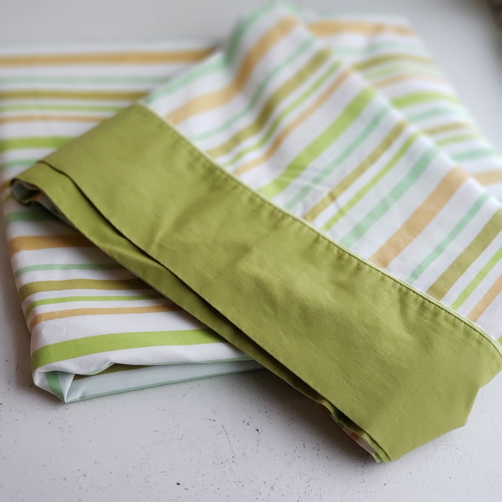 1960s 1970s Vintage Double Flat Sheet Avocado Green Mint White Stripe Fabric #80